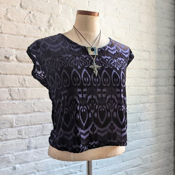 Y2K Blue Velvet Top Psychedelic Burnout Tee Knit Crop Top Dark Romance Medium - Picture 1 of 6